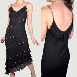 ICE Rosette Floral Slip Dress Beaded Ruffle Asymmetric Hem Cocktail Formal M